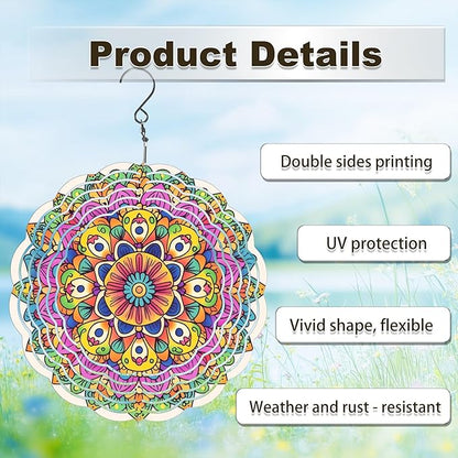 Wind Spinners Outdoor, Hanging Wind Spinner for Garden Decoration, 8 inch 3D Stainless Steel Metal Wind Sculpture for Indoor/Outdoor Decor, Mandala F
