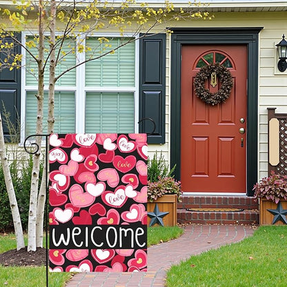 Valentines Day Garden Flag Welcome Love Heart Decorations Outdoor Yard Flags Romantic Red Pink Hearts Anniversary Holiday House Banners Seasonal Decor for Porch Patio Lawn Party 12×18 Inch