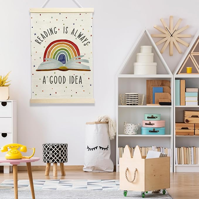 NQDWX Reading Is Always a Good Idea Hanging Flag - Book Lover's Wall Decor for Library Study Room Reading Nook, 12x17 Inches Canvas Banner with Wood Frame. (103)