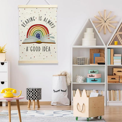 NQDWX Reading Is Always a Good Idea Hanging Flag - Book Lover's Wall Decor for Library Study Room Reading Nook, 12x17 Inches Canvas Banner with Wood Frame. (103)