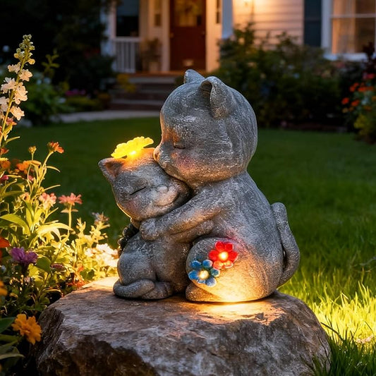 Solar Garden Statue Light, 8inch Cute Cats with Flowers Outdoor Deco for Patio, Lawn, Yard, Housewarming Birthday Gifts for Cat Lovers, Mom,Grandma,Women (Grey Cat)