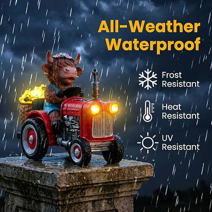 Highland Cow Garden Statue with Solar Light, Farm Animal Decor for Garden, Patio or Lawn, Tractor Riding Outdoor Ornament with Purple Flowers