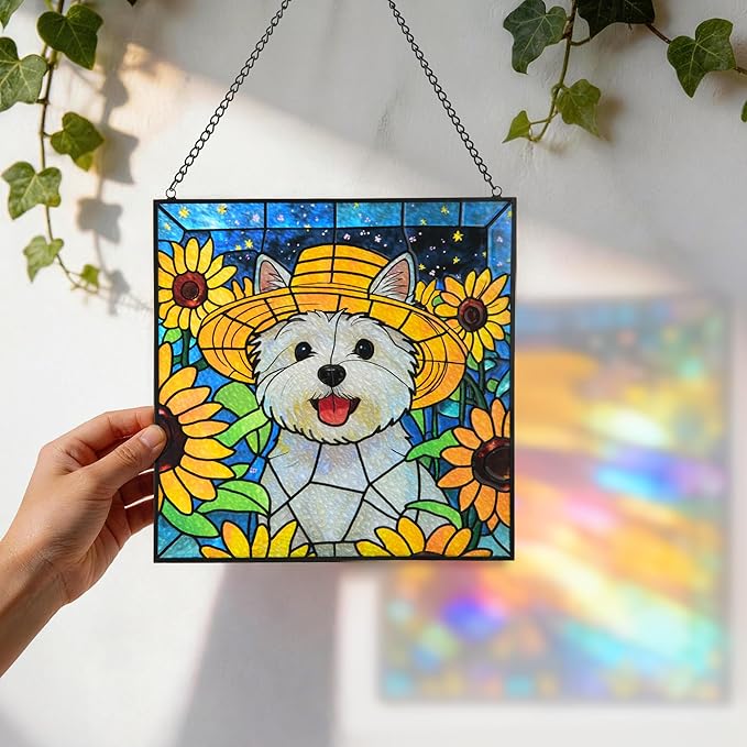 Stained Glass for Window Hanging Dog Suncatcher, Sun Catchers for Outdoor Decoration, Westie Garden Decor, Gifts for Women, Lovers, Couple, Friend, Colleagues