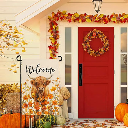 Welcome Fall Highland Cow Garden Flag Highland Cow with Flowers Burlap Yard Flag Seasonal Autumn Bull Butterfly House Banner for Farmhouse Rustic Holiday Outdoor Decor 12x18 Inch