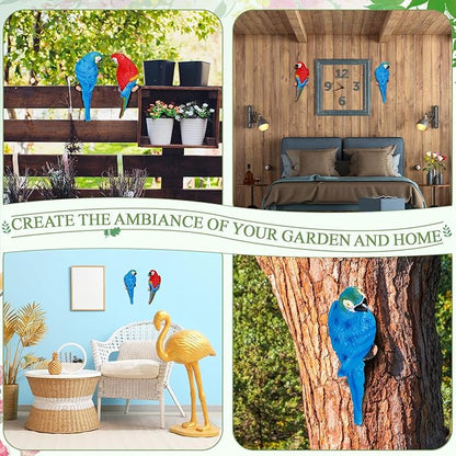 Jetec Parrot Decor Outdoor Tiki Bar Decor Large Realistic Parrot Statues Outside Lifelike Bird Sculptures Garden Patio Yard Lawn Figurines for Tropical Animal Tree Wall(2 Pcs,Blue, Red)