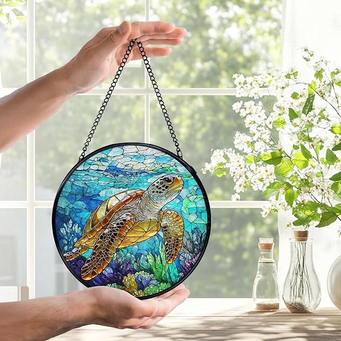 Coastal Beach Sea Turtle Suncatchers Stained Glass Window Hanging, Sea Turtle Decor Sun Catchers Indoor Window Glass Round Wall Decor, Ocean Beachy Wall Hanging Decorations, 7.9x7.9in