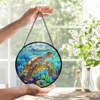 Coastal Beach Sea Turtle Suncatchers Stained Glass Window Hanging, Sea Turtle Decor Sun Catchers Indoor Window Glass Round Wall Decor, Ocean Beachy Wall Hanging Decorations, 7.9x7.9in