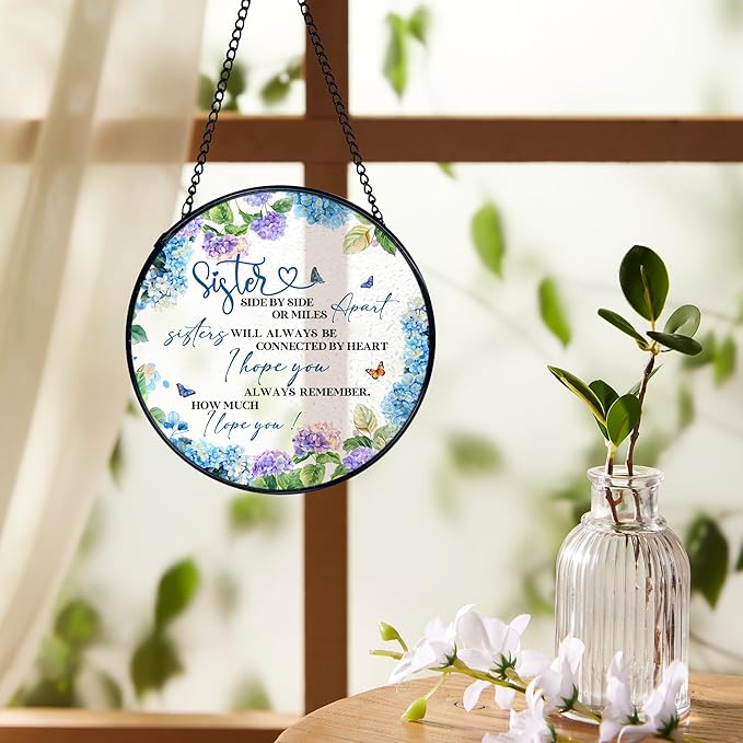 Sisters Gifts, Sister Flower Suncatchers Stained Glass Window Hanging, Sisters Gifts for Christmas Sun Catchers Indoor Window Glass Round Wall Decor, 7.9x7.9in