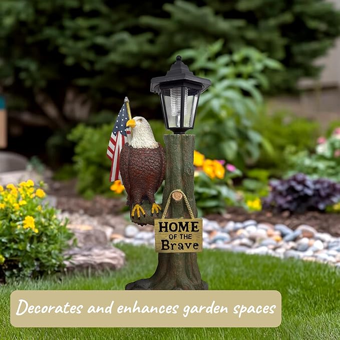 14x6 Inch Eagle Outdoor Solar Statue, Resin Garden Decor Outdoor Waterproof, Eagle Statue with American Flag for Patios, Yards, Home of The Brave Yard Lawn Gift for Mom Dad Grandpa