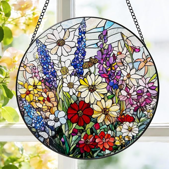 Stained Glass Window Hanging, 8 Inch Wildflower Suncatcher, Flower Sun Catchers Indoor Window, Floral Suncatchers for Windows Hanging, Spring Home Garden Decor Panel Plant Lovers Gifts for Mom Grandma
