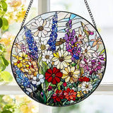 Stained Glass Window Hanging, 8 Inch Wildflower Suncatcher, Flower Sun Catchers Indoor Window, Floral Suncatchers for Windows Hanging, Spring Home Garden Decor Panel Plant Lovers Gifts for Mom Grandma