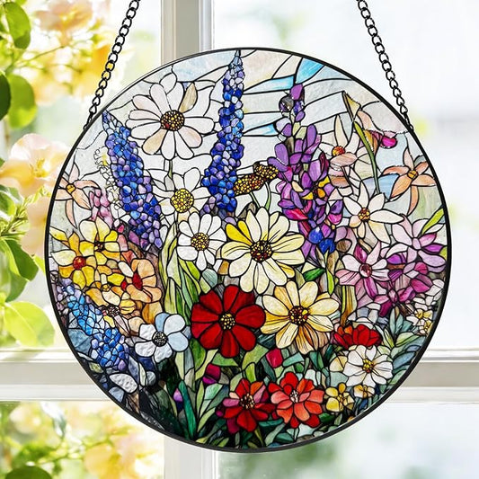 Stained Glass Window Hanging, 8 Inch Wildflower Suncatcher, Flower Sun Catchers Indoor Window, Floral Suncatchers for Windows Hanging, Spring Home Garden Decor Panel Plant Lovers Gifts for Mom Grandma