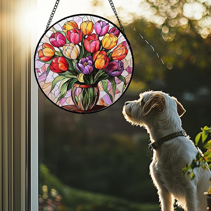 Stained Glass Window Hanging - Red Orange Purple Tulips Suncatcher for Door Terrace Garden Home Decor Flowers Sun Catcher Birthday Gifts for Lovers Women Men Dad Mom Nana 11.8 in