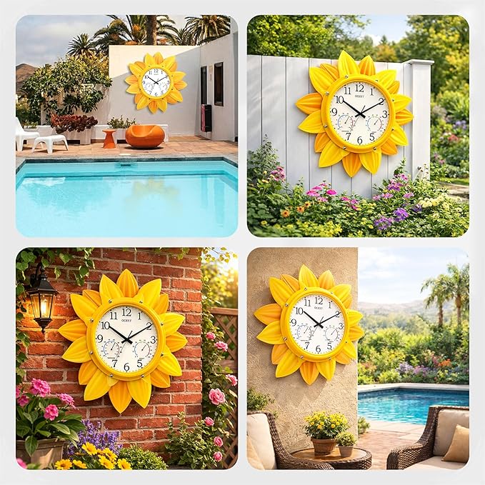 OCEST 24 Inch Indoor Outdoor Clock, Waterproof Large Wall Clock with Thermometer Hygrometer Combo, Silent Non-Ticking Battery Operated Decor for Patio Pool Porch Garden Garage