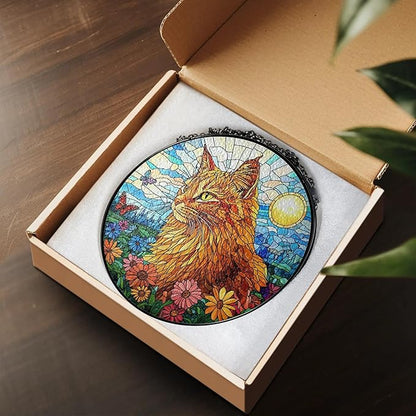 Orange Cat Stained Glass Suncatcher - Orange Cat Lovers Gifts Window Hanging Garden Decor, Memorial Pet Loss Sympathy Ornament, Christmas, Birthday, for Grandma, Friends, Mom, Women