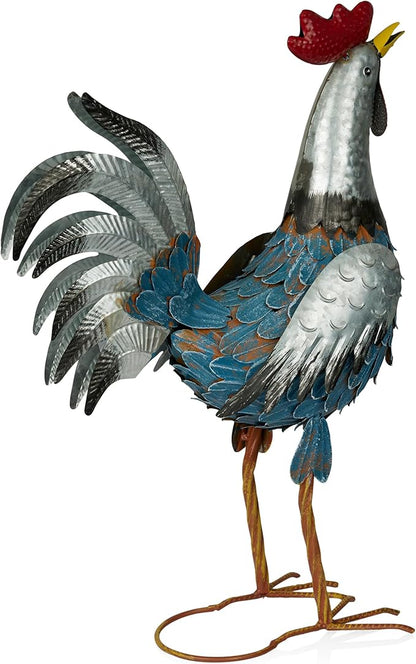 Alpine Corporation 23" Tall Outdoor Metal Silver Tail Rooster Statue with Vibrant Design, Garden Decor, Silver/Blue