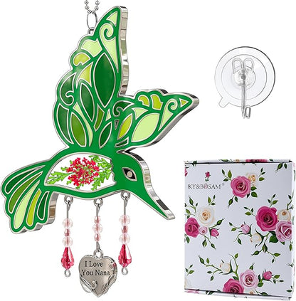 KY&BOSAM I Love You Nana Hummingbird Suncatcher Glass Suncatchers for Windows Hanging Ornament Wind Chime Pressed Drived Flowers and Metal Heart Charm Birthday Gifts for Nana Mothers Day Christmas