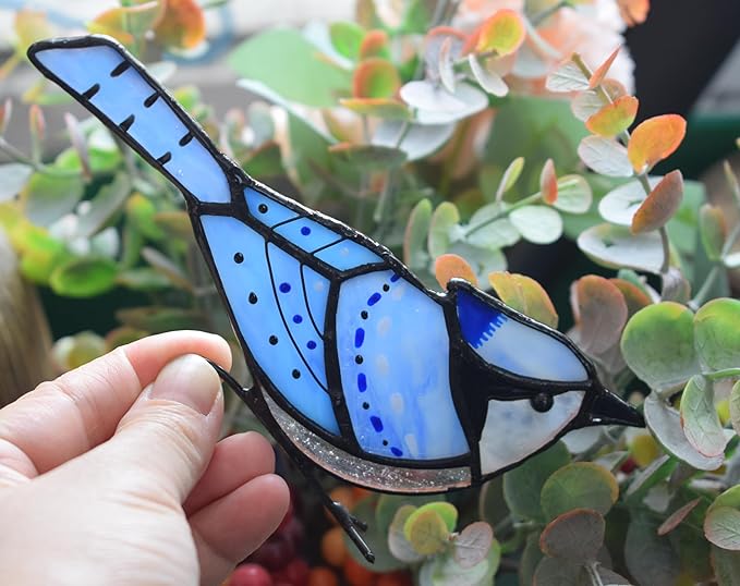 Lolitarcrafts Blue Jay Stained Glass Suncatcher for Pot Plant Decoration - Unique Planter Decor, Home Office Plant Decoration