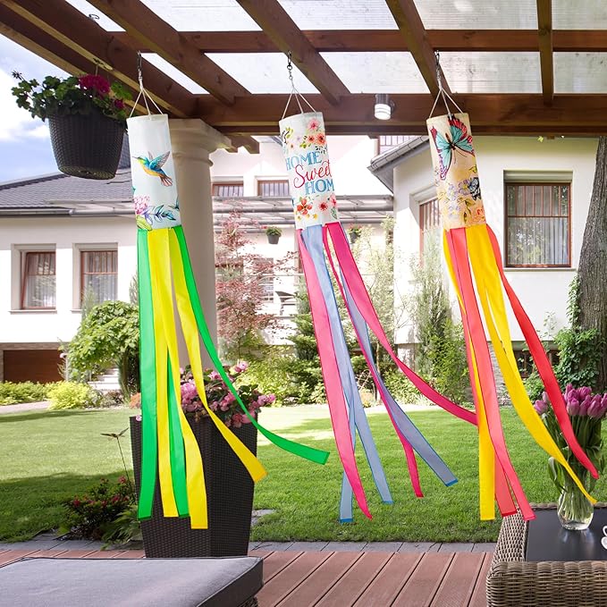 WinTS 3Pcs 55 Inch Wind Socks,Large Size Windsocks Outdoor Hanging Butterfly Hummingbird, Spring Wind Socks for Outside Heavy Duty for Wall Tree Front Patio Lawn Garden