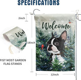 Welcome Winter Garden Flags Boston Terrier Garden Flag Cardinal Birds on Snowy Pine Tree Flag Dog Yard Flags for Outside 12x18 Double Sided Christmas Decorative Lawn Flags