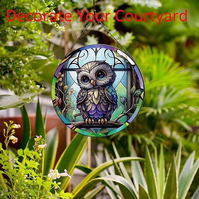 Baby Owl Suncatcher Stained Glass,Hanging Stained Glass for Windows for Animal Lovers,20cm/7.87inch Hand-Painted Sun Catcher Garden Hangings Ornaments Halloween Fall Christmas Decor for Home