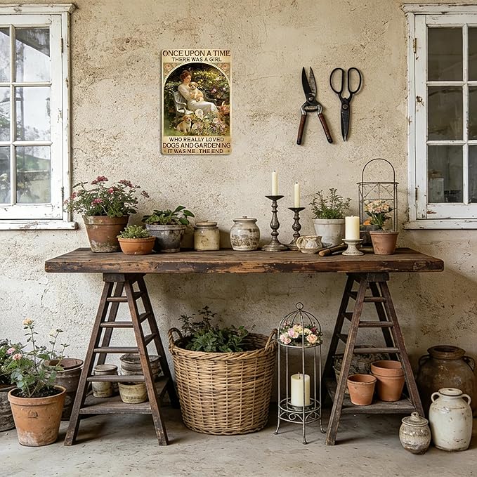 Garden Signs for Outside - A Girl Loves Dogs and Gardening, Funny Metal Signs for Home Garden Patio Yard, Vintage Gardening Gifts for Women, Wall Decor 12" x 8"