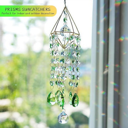 HDCRYSTALGIFTS Crystal Suncatcher Glass Wind Chimes Style Sun Catchers Indoor Window Rainbow Prisms Suncatcher for Window Hanging Home Garden Decor (21.5inch,Green)