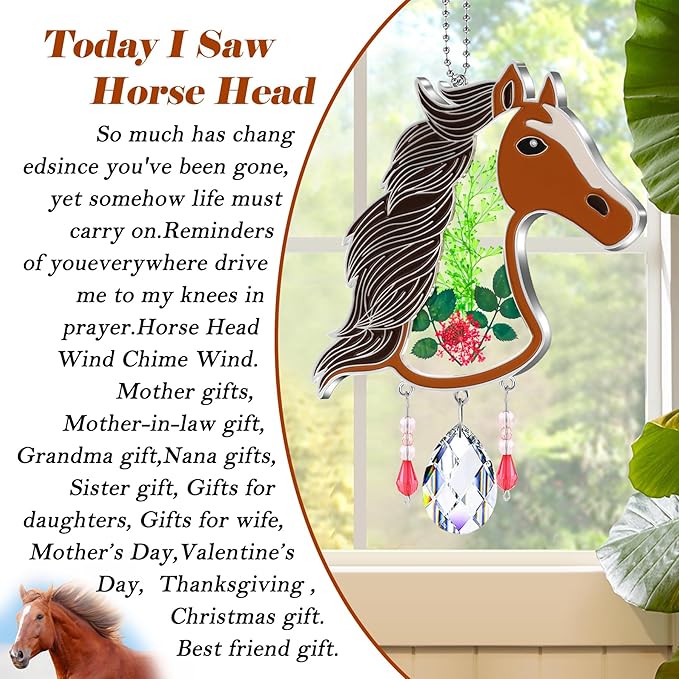 KY&BOSAM Suncatcher Horse Head Stained Glass Crystal Hand-Painted Suncatchers Ornament hangings Wind Chime with Pressed Flower Horse Embedded in Glass Window Mother`s Day Birthdays…