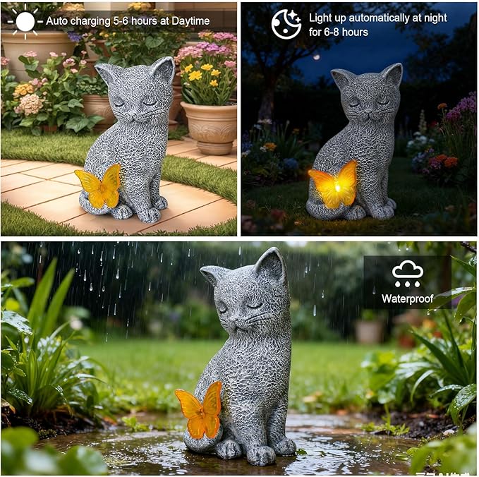 Solar Cat Statue Garden Decor with Butterfly Light, Outdoor Decor Statues Yard Art Decorations Lawn Porch Patio Balcony, Gardening Gifts Birthday Choice for Cat Lover Women, Mom, Grandma