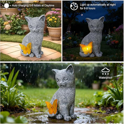 Solar Cat Statue Garden Decor with Butterfly Light, Outdoor Decor Statues Yard Art Decorations Lawn Porch Patio Balcony, Gardening Gifts Birthday Choice for Cat Lover Women, Mom, Grandma