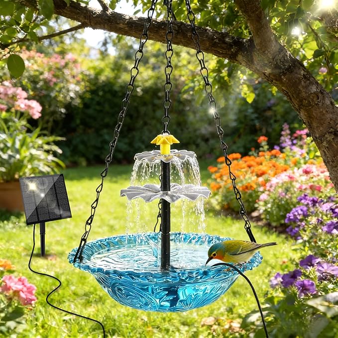 Yeomi Solar Fountain for Bird Bath, Solar Cascade Hanging Bird Bath Fountain, Large Hummingbird Bath with Solar Pump & Blue Glass Bowl, Outdoor Garden Decor