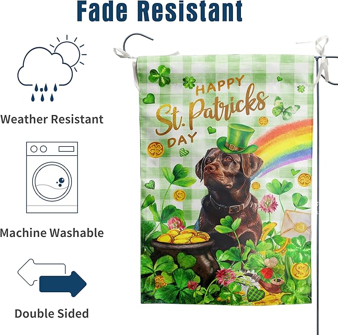Chocolate Lab St Patricks Day Garden Flag Labrador Dog St Patrick's Day Yard Flags for Outside 12x18 Double Sided Buffalo Plaid Shamrock Flag Small Outdoor Rainbow St Patrick's Decor