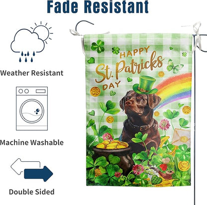 Chocolate Lab St Patricks Day Garden Flag Labrador Dog St Patrick's Day Yard Flags for Outside 12x18 Double Sided Buffalo Plaid Shamrock Flag Small Outdoor Rainbow St Patrick's Decor