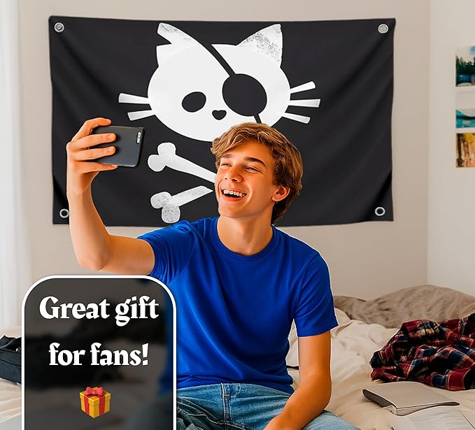 3x5 Feet Pirate Cat Skull and Crossbone Home Polyester Flags with 4 Brass Grommets - Decorative Home Fall Single Sided Flags for Infoor or Outdoor - Garden Yard Porch Patio Banner for Decor