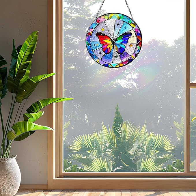 Butterfly Sun Catcher Stained Glass Window Hanging, 7.8" Suncatcher Glass Panel Window Decoration, Nature Lover Gift for Women, Wall Garden Art Decor, Gift for Birthday Christmas & Holidays