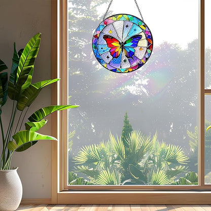 Butterfly Sun Catcher Stained Glass Window Hanging, 7.8" Suncatcher Glass Panel Window Decoration, Nature Lover Gift for Women, Wall Garden Art Decor, Gift for Birthday Christmas & Holidays