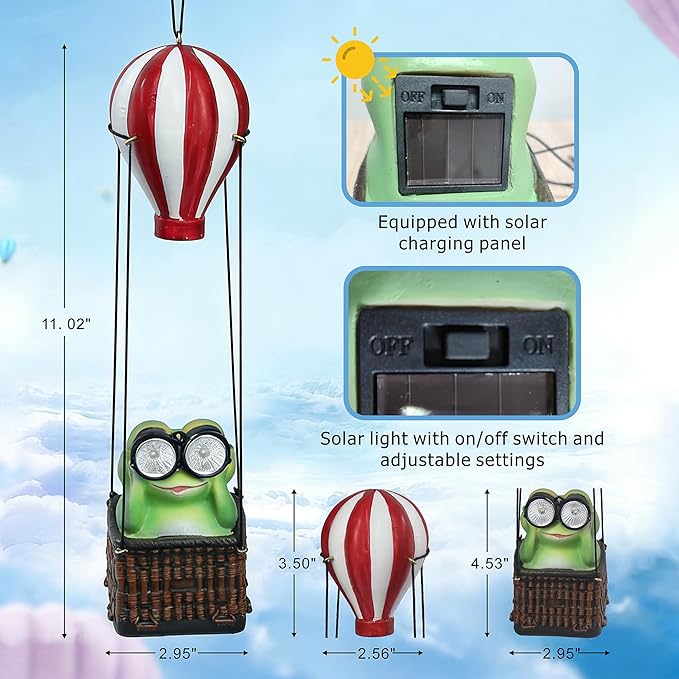 Solar Hot Air Balloon Frog Hanging Garden Statue with Lantern, Cute and Funny Figurine Solar Light Garden Outdoor Waterproof Decoration, Beautifully Crafted Birthday Gifts for Mom or Dad