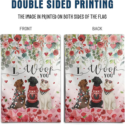 Dog Valentine House Flag 28 x 40 Double Sided Valentines Day Outdoor Decorations White Black Lab Garden Signs Chocolate Labrador Love Heart Yard Banner for Outside