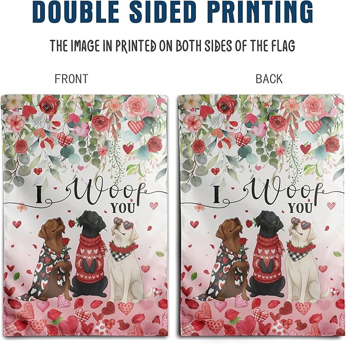 Dog Valentine Garden Flag Valentines Day Decor Black Lab Gifts for Women White Chocolate Labrador Yard Signs for Outside 12x18 Double Sided I Woof You Love Heart Banner