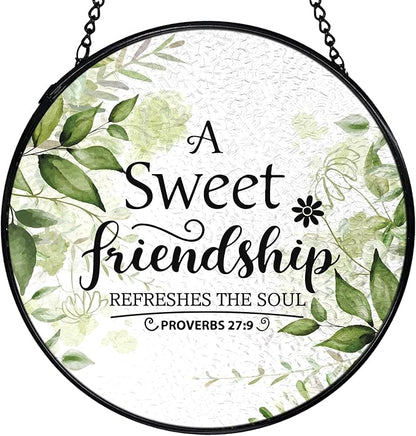 Friendship Gifts, Christian Suncatchers Stained Glass Window Hanging, Friendship Gifts for Women, a Sweet Friendship Refreshes Sun Catchers Indoor Window Glass Round Wall Decor, 7.9x7.9in