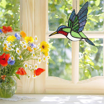 Hummingbird Stained Glass Suncatcher for Window Hanging Handmade Colorful Glass Bird Sun Catcher for Indoor Outdoor Decor,Ruby Throated Hummingbird Gift for Women,Mom,Nature Lovers