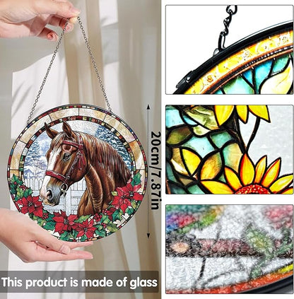 Bimkole Horse Stained Glass Suncatcher Window Hanging - Animals Indoor Window or Doorway Decoration - Handmade Sun Catcher Decor for Garden Home Christmas & Birthday Gifts 7.87x7.87 Inch
