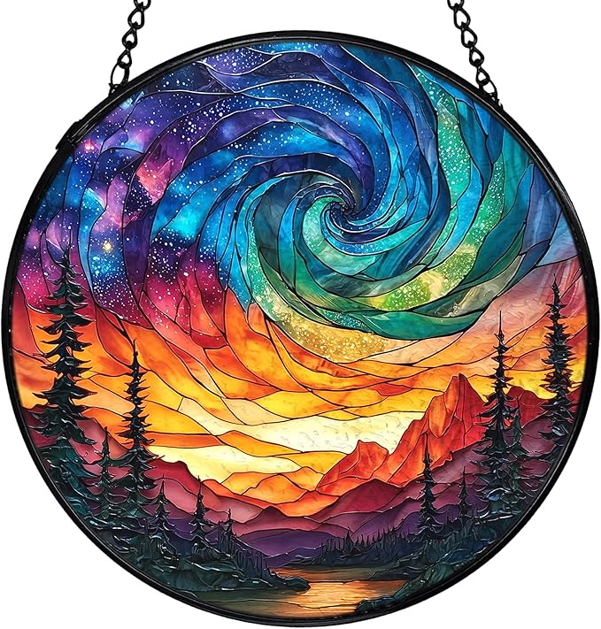 Northern Lights Suncatcher Stained Glass Window Hanging, Nature Mountain Aurora Borealis Sun Catchers Indoor Window Glass Wall Art Decor, Nature Wall Hanging Decor, 7.9x7.9 Inch 036-MH-BLGH