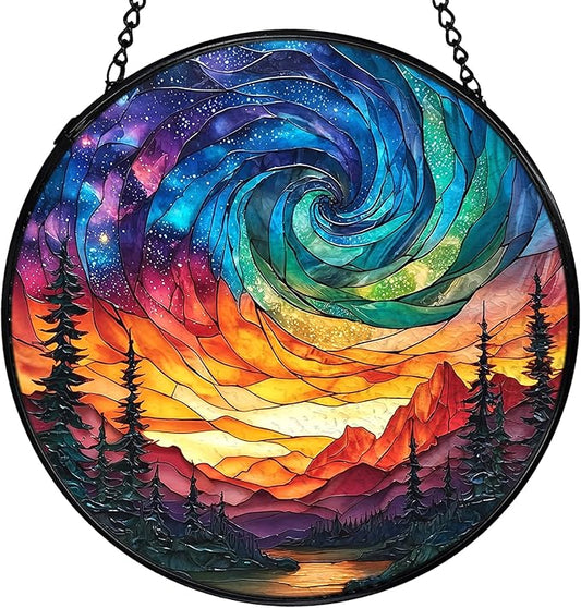 Northern Lights Suncatcher Stained Glass Window Hanging, Nature Mountain Aurora Borealis Sun Catchers Indoor Window Glass Wall Art Decor, Nature Wall Hanging Decor, 7.9x7.9 Inch 036-MH-BLGH