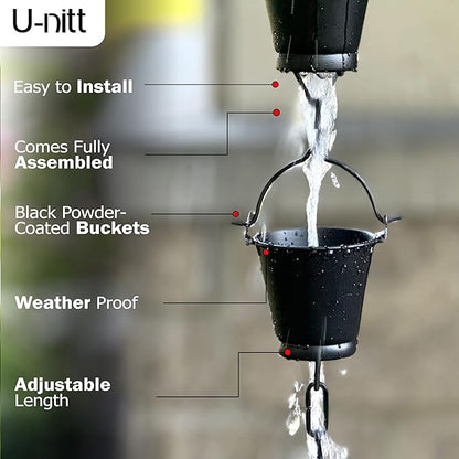 U-nitt Rain Chain Water Collection for Gutters Rainwater Catcher & Diverter, 8.5 FT Chains for Outside Garden, Black Bucket Cups, Roof Downspout, Works with Heavy Rain, w/Gutter Clip for Rainchains