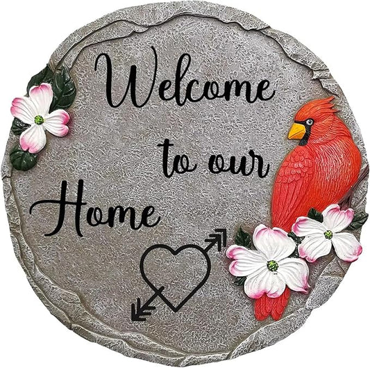 Welcome to Our Home-Resin Stepping Stone,Outdoor Garden Pathway Decoration,Round Red Hummingbird Decorative Stone for Garden,Walkway Sculpture Yard Art for Patio,Home Decor