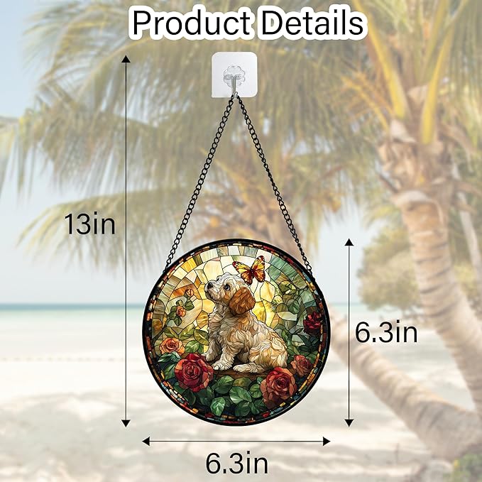 DASTOLL Stained Glass Window Hanging, Cute Dog and Flowers Suncatcher for Doors Home Butterfly Sun Catchers Decoration and Christmas, Mother's Day Birthday Gifts for Women, Men, and Mom 6.3 in