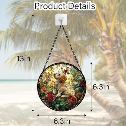 DASTOLL Stained Glass Window Hanging, Cute Dog and Flowers Suncatcher for Doors Home Butterfly Sun Catchers Decoration and Christmas, Mother's Day Birthday Gifts for Women, Men, and Mom 6.3 in