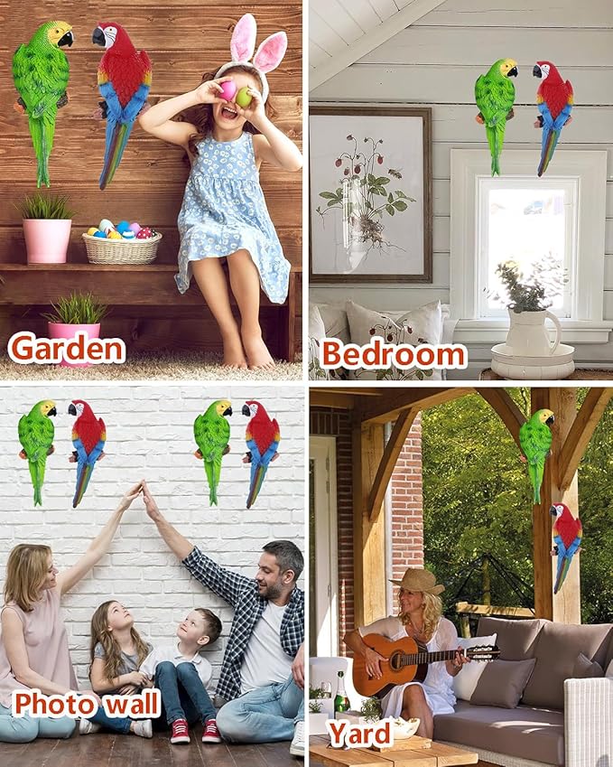 2Pcs Large Parrot Decor Outdoor Tiki Bar Decorations Realistic Parrot Statues for Pool Hawaiian Tropical Decor, 12.5" Lifelike Fake Macaw Sculptures for Palm Tree Jungle Garden Patio Yard(Green, Red)