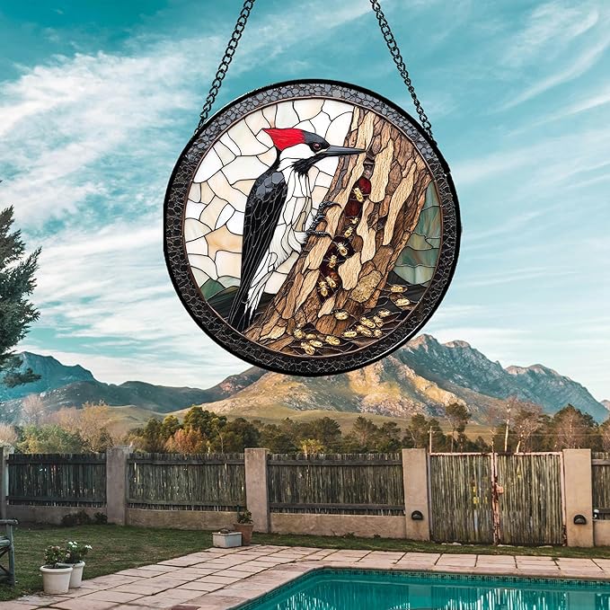 Stained Glass Window Hanging - Woodpecker Bug Catching Suncatcher for Doors Garden Sun Catchers Decor Christmas Mother's Day Birthday Gifts for Bird Lover Women Men Mom Nana Friend 9.8 in